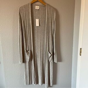 NWT Pink Rose Gray Ribbed Long Cardigan with Pockets Women's Size Small